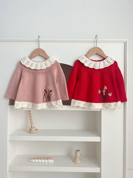 Autumn New Arrival Baby Kids Girls Comfortable Hollow-out Design Knitted Long Sleeves Top with Flowers Embroidery Pattern and Collar