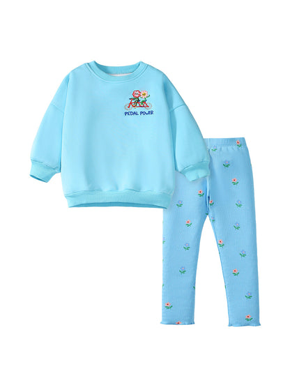 Spring And Autumn Girls Cartoon Flowers Pattern Long Sleeves Top Warm Sweatshirt And Pants Clothing Set