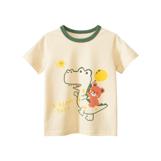 Camiseta con estampado de dinosaurio y osito de peluche de dibujos animados para niños en estilo europeo y americano 