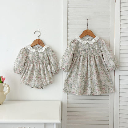 Conjunto de otoño para niñas y bebés, mono y vestido con cuello francés y estampado floral verde claro de manga larga, conjunto a juego para princesas y hermanas 