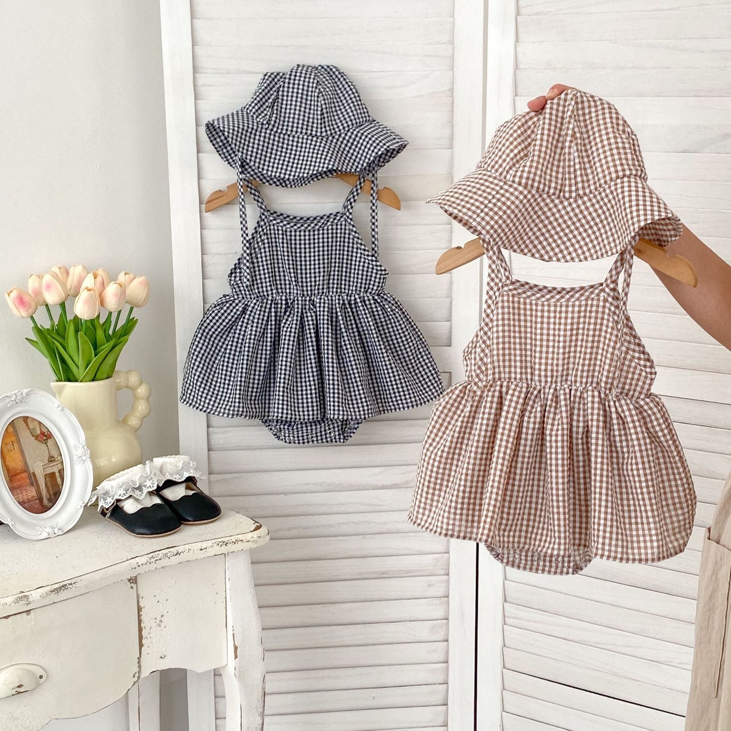 Summer New Arrival Baby Girls Plaid Sleeveless Strap Onesies Dress