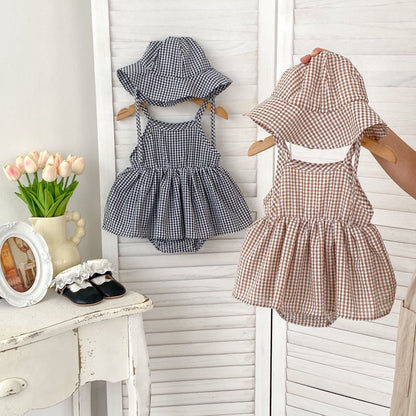 Vestido mono sin mangas con tirantes y cuadros para niñas recién nacidas de verano 