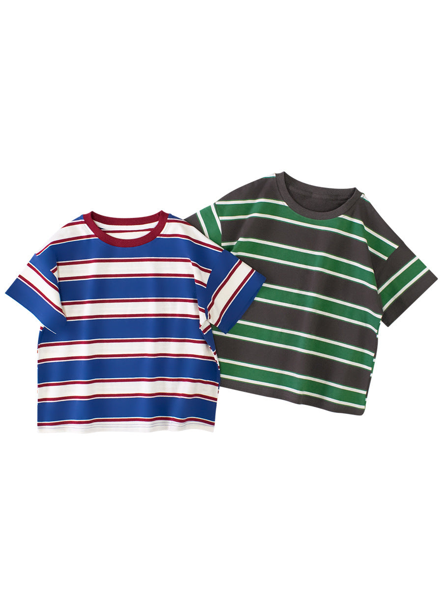 Summer New Arrival Children Boys And Girls’ Vintage Striped Loose Short Sleeves T-Shirt In European And American Style For Summer