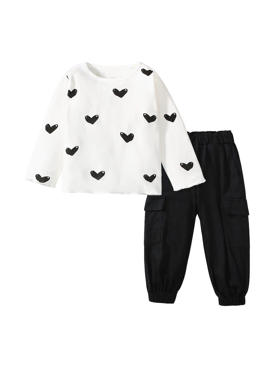 Arrival Spring And Autumn Girls Casual Black Heart Print Long Sleeves Top T-Shirt And Pants Clothing Set