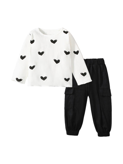 Arrival Spring And Autumn Girls Casual Black Heart Print Long Sleeves Top T-Shirt And Pants Clothing Set