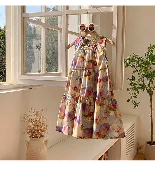 Summer Baby Kids Girls Sleeveless Oil-Painting Flowers Pattern Dress