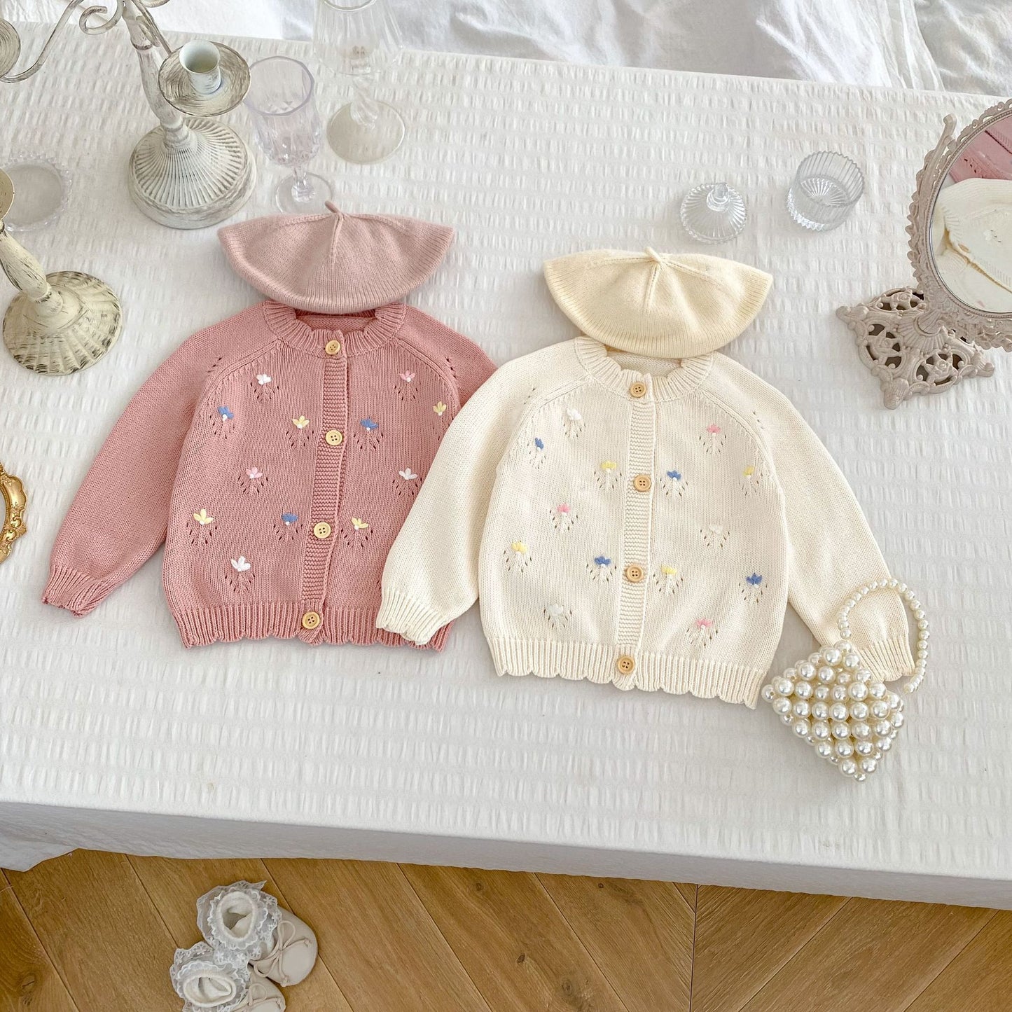 Arrival Baby Girls Comfortable Floral Embroidery Pattern Knitted Long Sleeves Cardigan