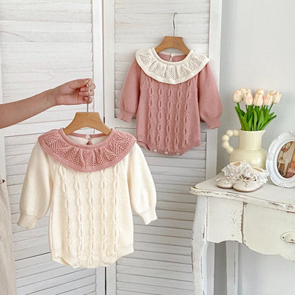 Autumn New Arrival Baby Girls Knitted Long Sleeves Jacquard Pattern Ruffle Collar Onesies