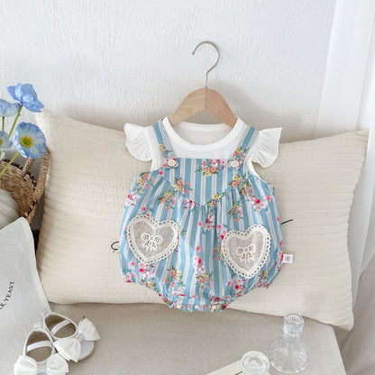 Summer Hot Selling Baby Girls Sleeveless Floral Pattern Strap Onesies And Solid Color Striped Shirt Clothing Set