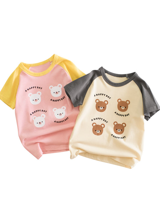 Summer Teddy Bear Cartoon Print Color Patchwork Girls’ T-Shirt In European And American Style