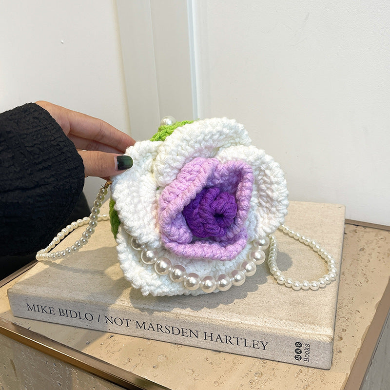 Sweet Flower Ladies’ Knitted Mini Pearl Handbag