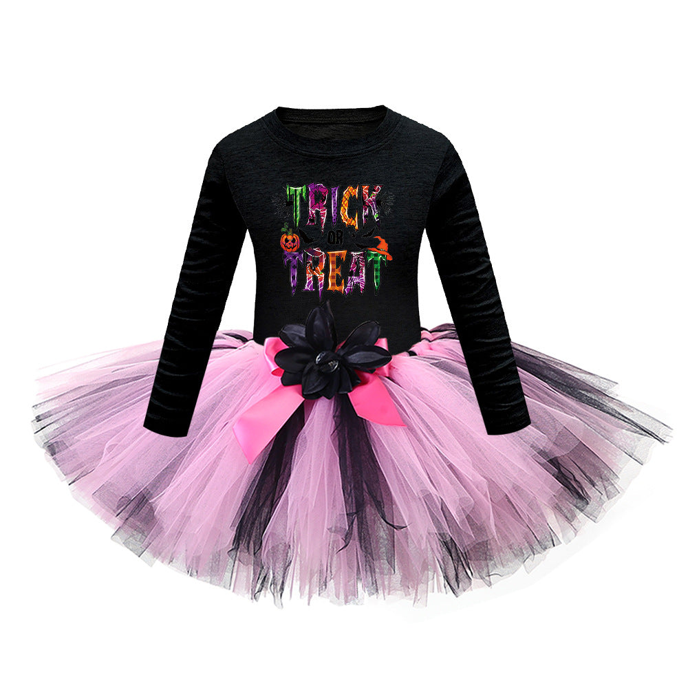 Arrival Girls’ Halloween Costume: Long Sleeves Cartoon Print Witches Cosplay Party Tulle Patchwork Dress