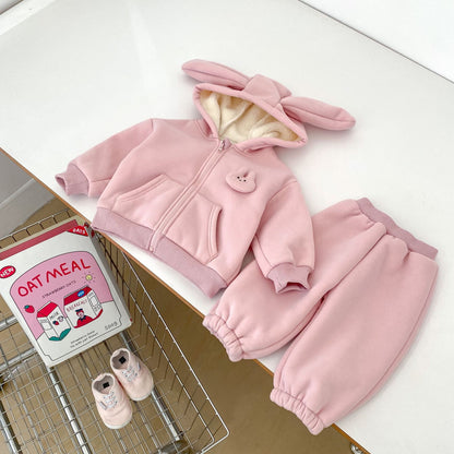 Winter Hot Selling Baby Girls Long Sleeves Simple Rabbit Attached Hooded Top Coat and Thick Trousers Set