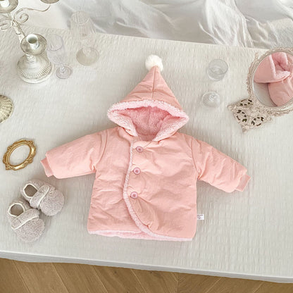 Winter New Arrival Baby Kids Unisex Solid Color Single Breasted Hooded Thick Fleece-inside Coat