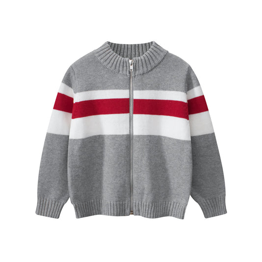 Spring European and American Style Boys’ Outerwear: Striped Long Sleeves Single Breasted Knitted Coat for Children