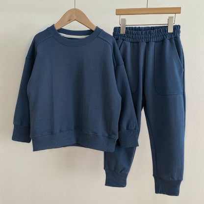 Autumn Baby Kids Unisex Casual Solid Color Long Sleeves Pullover and Pocketed Pants Clothing Set