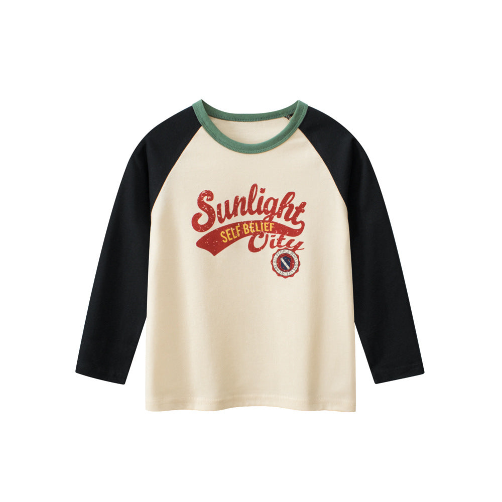 Autumn Baby Boys Letters Print Color Patchwork Long Sleeves Crew Neck Base Top Shirt