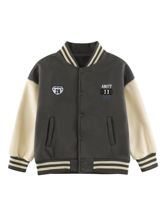 Boys and Girls Letters Pattern Contrast Design Single Breasted Baseball Coat