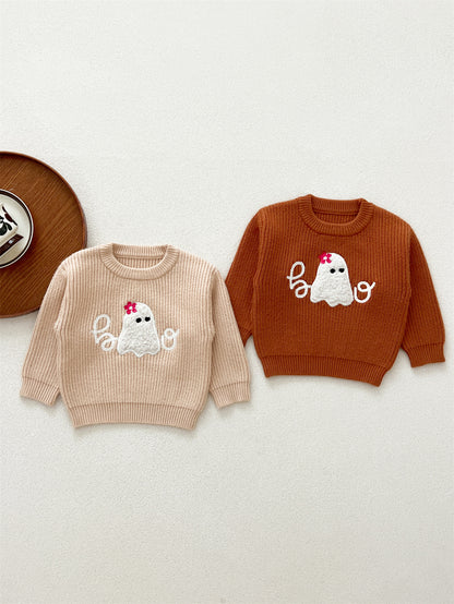 Autumn New Arrival Baby Kids Unisex Comfortable Halloween Ghost Pattern Knitted Long Sleeves Pullover