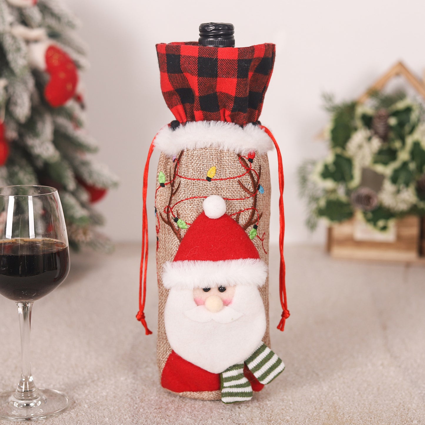 Red and Black Checkered Burlap Wine Bottle Embroidered Christmas Doll Tote Bag