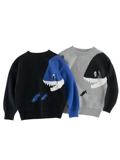 Baby Boy Kids Fish and Shark Pattern Crew Neck Long Sleeves Knitwear Pullover