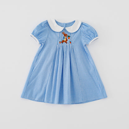 Summer Baby Kids Girls Short Sleeves Rabbit Embroidery Plaid Dress