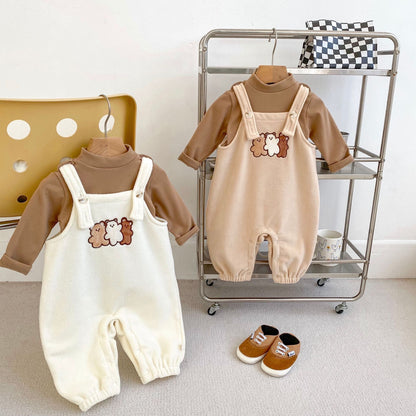 Winter Baby Unisex Basic Top and Teddy Cartoon Overalls Romper Clothing Set