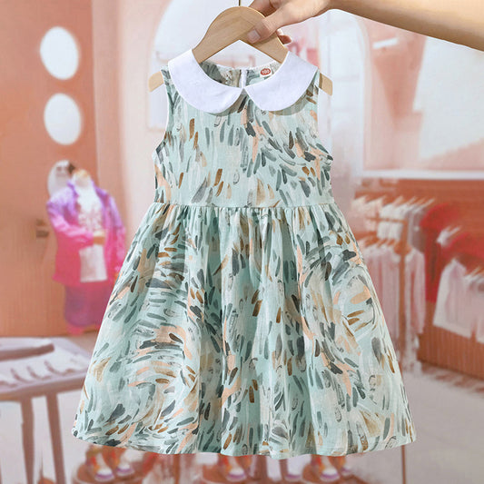 Vestido fino con estampado colorido y cuello Peter Pan sin mangas para niñas de verano 