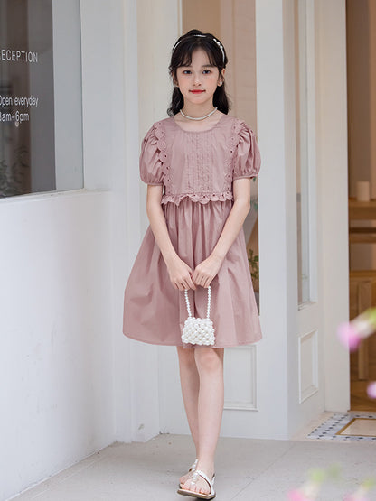 Hot Selling Summer Kids Girls Simple Style Solid Color Plain Cotton Short Sleeves Hollow Out Trim Dress