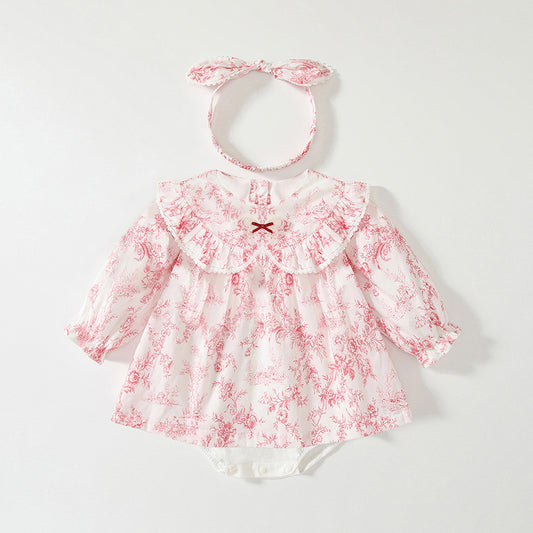 Spring Arrival Baby Girls Flowers Pattern Lace-Trim Peter Pan Collar Onesies Dress