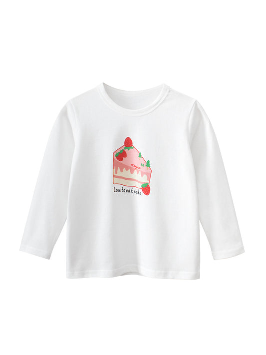 Camisa de manga larga con cuello redondo y estampado de letras y dibujos animados para niñas recién llegada de otoño 