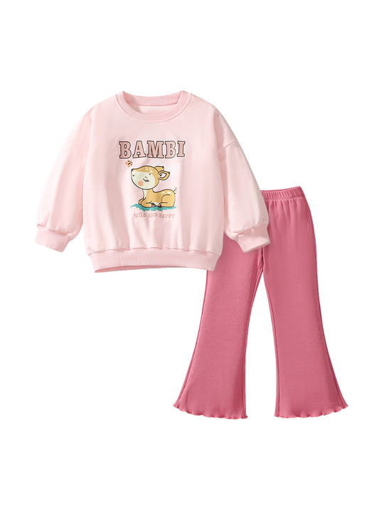 Sudadera y pantalones de color liso con estampado de dibujos animados de Bambi para niñas de primavera y otoño 