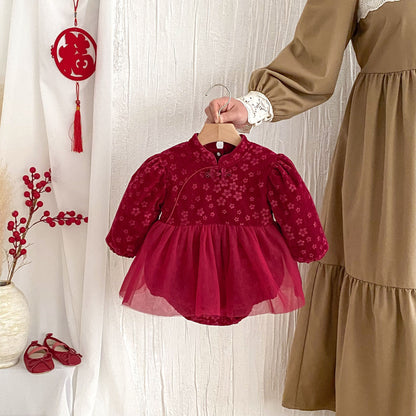 Winter Arrival Baby Girls Cute Floral Embroidered Red Long Sleeves Tulle Onesies