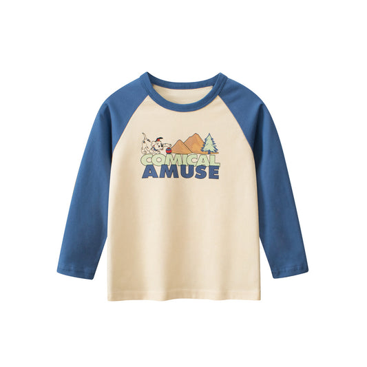 Autumn Baby Boys Letters and Puppy Print Color Patchwork Long Sleeves Crew Neck Base Top Shirt