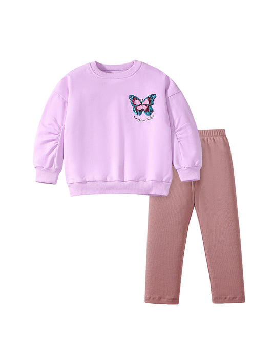 Spring And Autumn Girls Simple Butterfly Logo Long Sleeves Crew Neck Top Sweatshirt And Pants Clothing Set