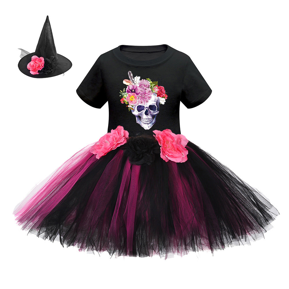 Arrival Girls’ Halloween Costume: Short Sleeves Cartoon Print Witches Cosplay Party Tulle Patchwork Dress with Hat Set