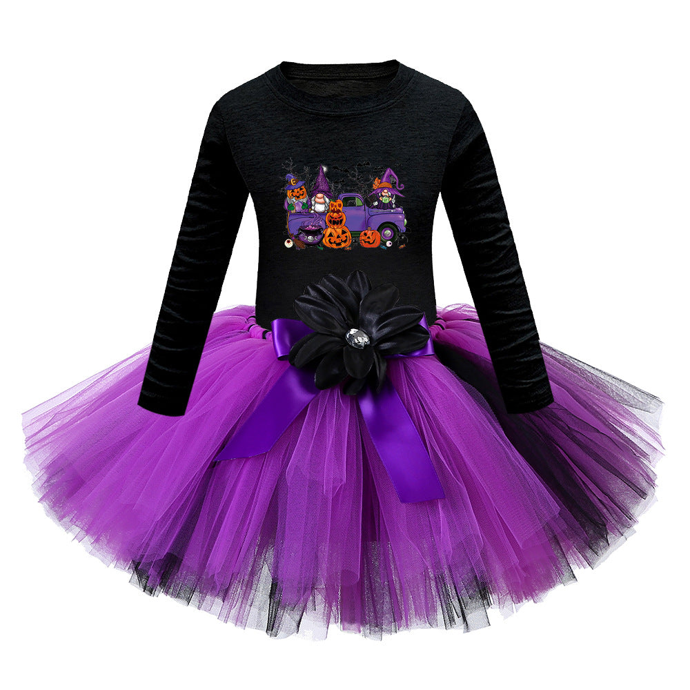 Arrival Girls’ Halloween Costume: Long Sleeves Cartoon Print Witches Cosplay Party Tulle Patchwork Dress