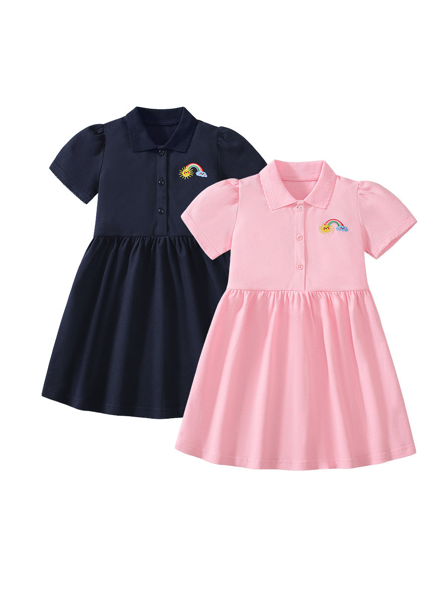 Summer Polo Style Dress for Girls, European and American Cute Rainbow Embroidery Pattern Dress