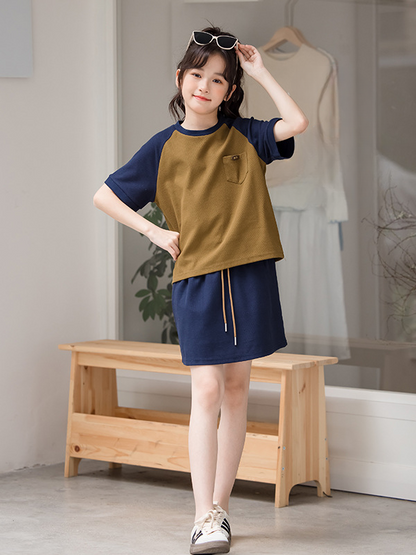 Summer Hot Selling Girls Color Patchwork Short Sleeves T-Shirt And Solid Color Skirt Clothing Set