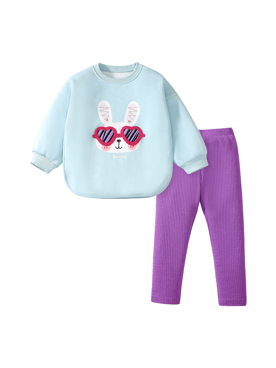 Spring And Autumn Girls Cute Cartoon Rabbit Pattern Long Sleeves Top Sweatshirt And Pants Clothing Set