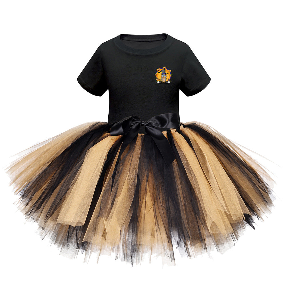 Arrival Girls’ Halloween Costume: Short Sleeves Cartoon Print Witches Cosplay Party Tulle Patchwork Dress