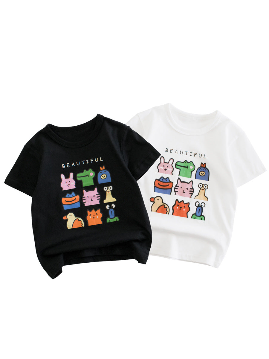 Camiseta de niña con estampado de dibujos animados de animales de verano en estilo europeo y americano 