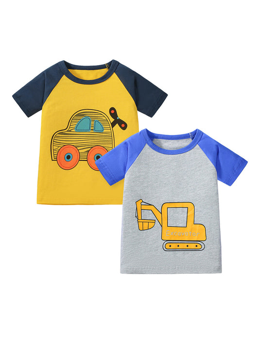 Boys’ Vehicles Cartoon Pattern Short Sleeves T-shirt in European and American Style for Summer