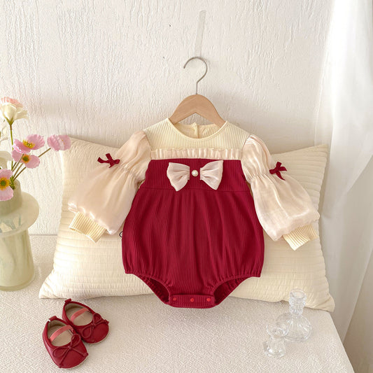 Spring New Arrival Baby Girls Cute Color Patchwork Long Puff Sleeves Onesies