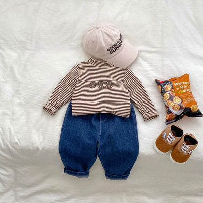 Arrival Autumn Baby Unisex Long Sleeves Striped Teddy Top Shirt and Denim Jeans – Matching Set