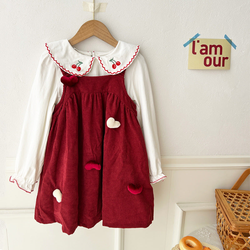 Autumn Girls Cherry Embroidered Long Sleeves Heart Pattern French Corduroy Dress