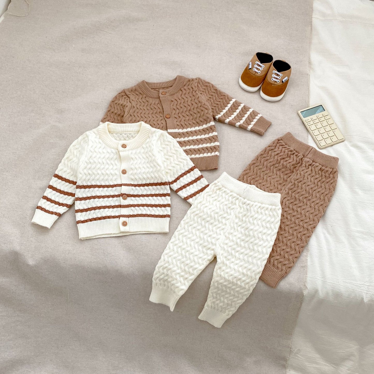 Arrival Autumn Baby Kids Unisex Long Sleeves Striped Knitted Cardigan and Long Trousers – Clothing Set