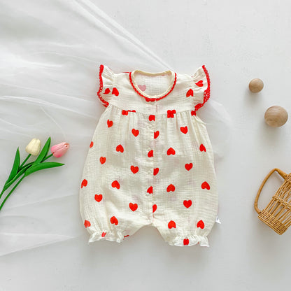 Best Selling Summer Baby Kids Girls Red Heart Pattern Fly Sleeves Romper