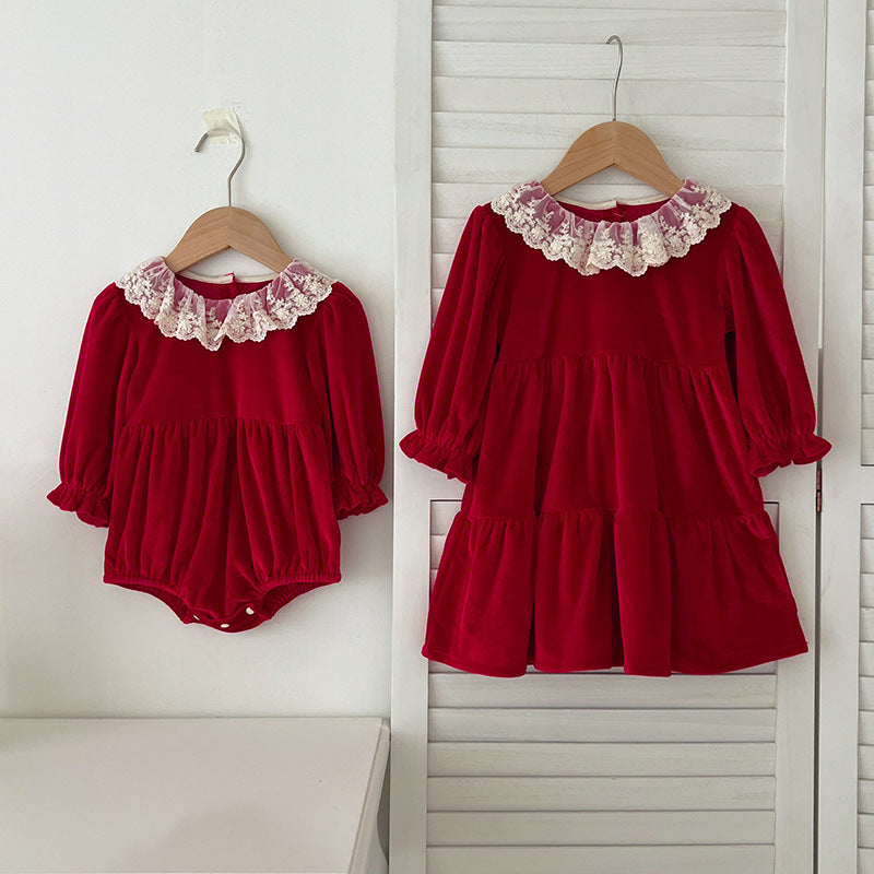 Conjunto de otoño para niñas pequeñas, con cuello de encaje y retazos, manga larga, mono y vestido – Conjunto a juego para princesas y hermanas 