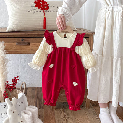 Spring Arrival Baby Girls Long Sleeves Heart Pattern Red Rompers